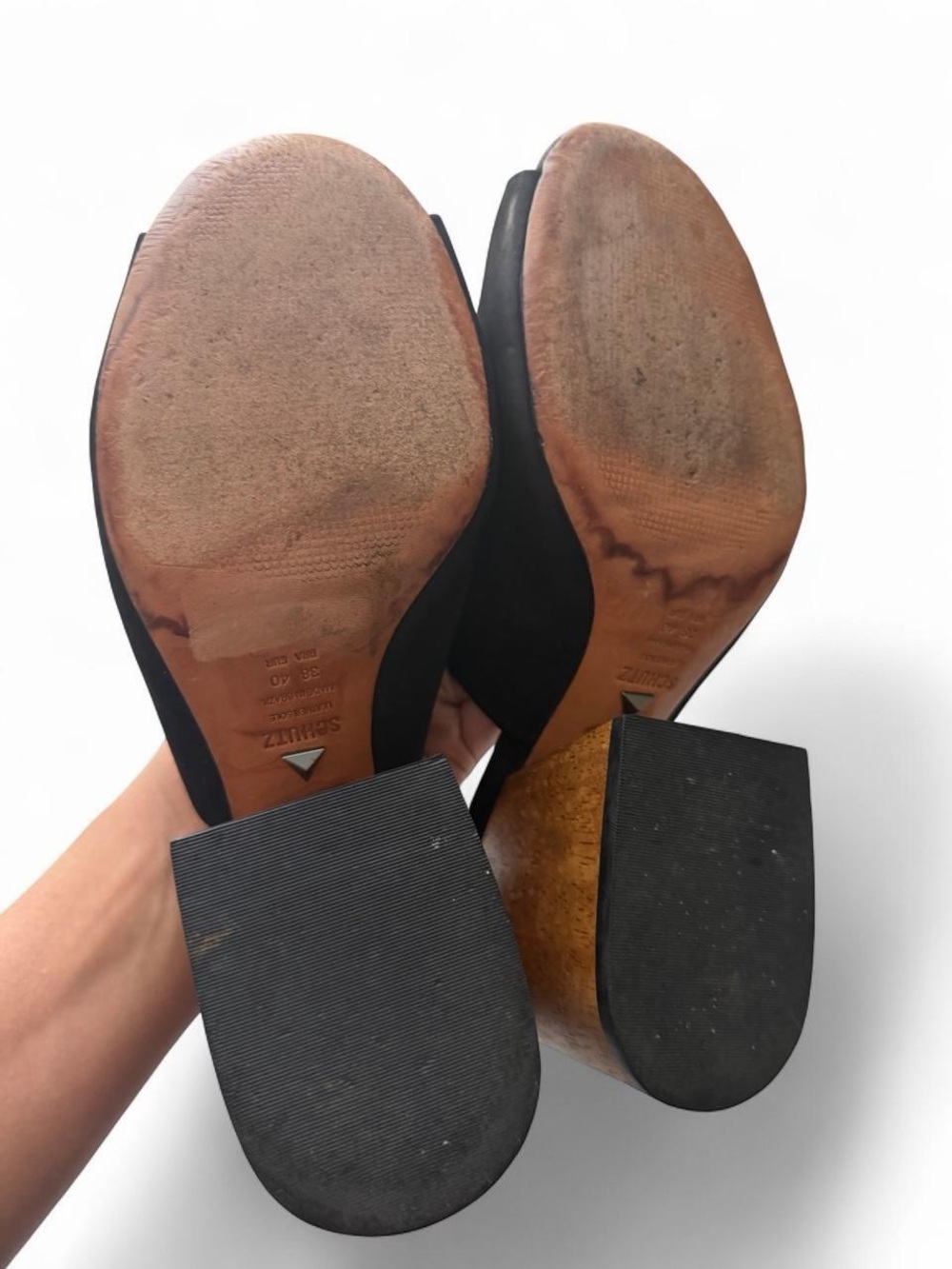 Schutz Size 9 Black Suede Peep Toe Mule Wood Block Heel Leather Minimalist Boho - Picture 5 of 9